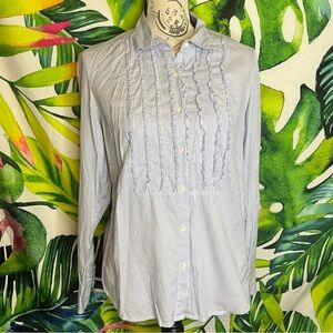 Y2K Talbots M/L White Blue Striped Ruffle Accent Button Down Preppy Office Top